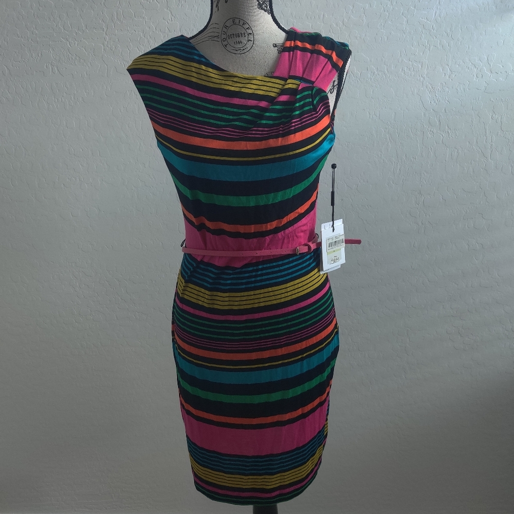 🆕 Calvin Klein colorful Rainbow striped midi Dress Business Casual office_4